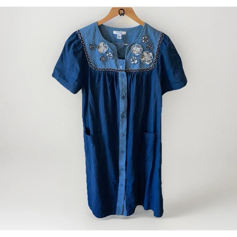Go Softly Patio Dress Denim 100% Cotton Embroidered Snap Front w/ Pockets Size S - Picture 1 of 7